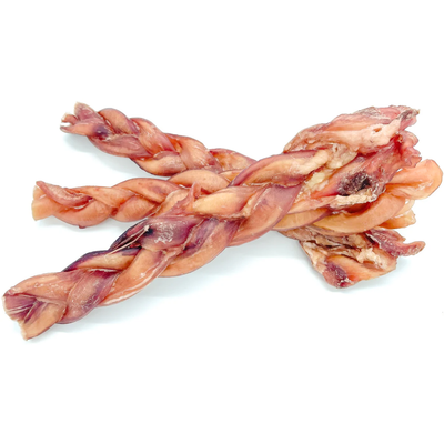 Three 12-inch monster braided bully stick dog treats from Bully Bunches.