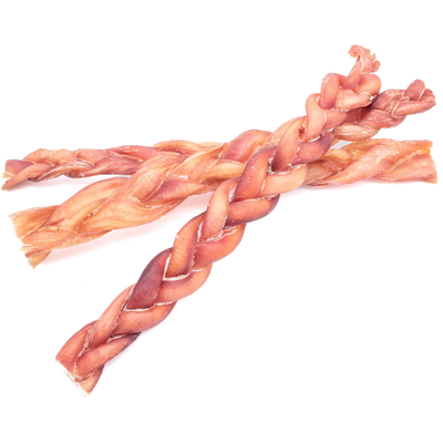 Three 12-inch standard braided bully stick dog treats from Bully Bunches.