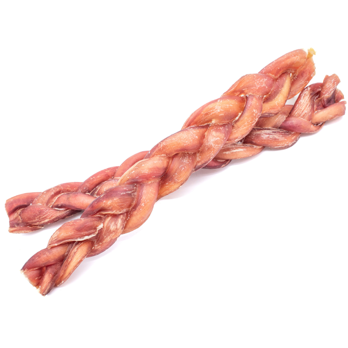 Two 12-inch thick braided bully stick dog treats from Bully Bunches.