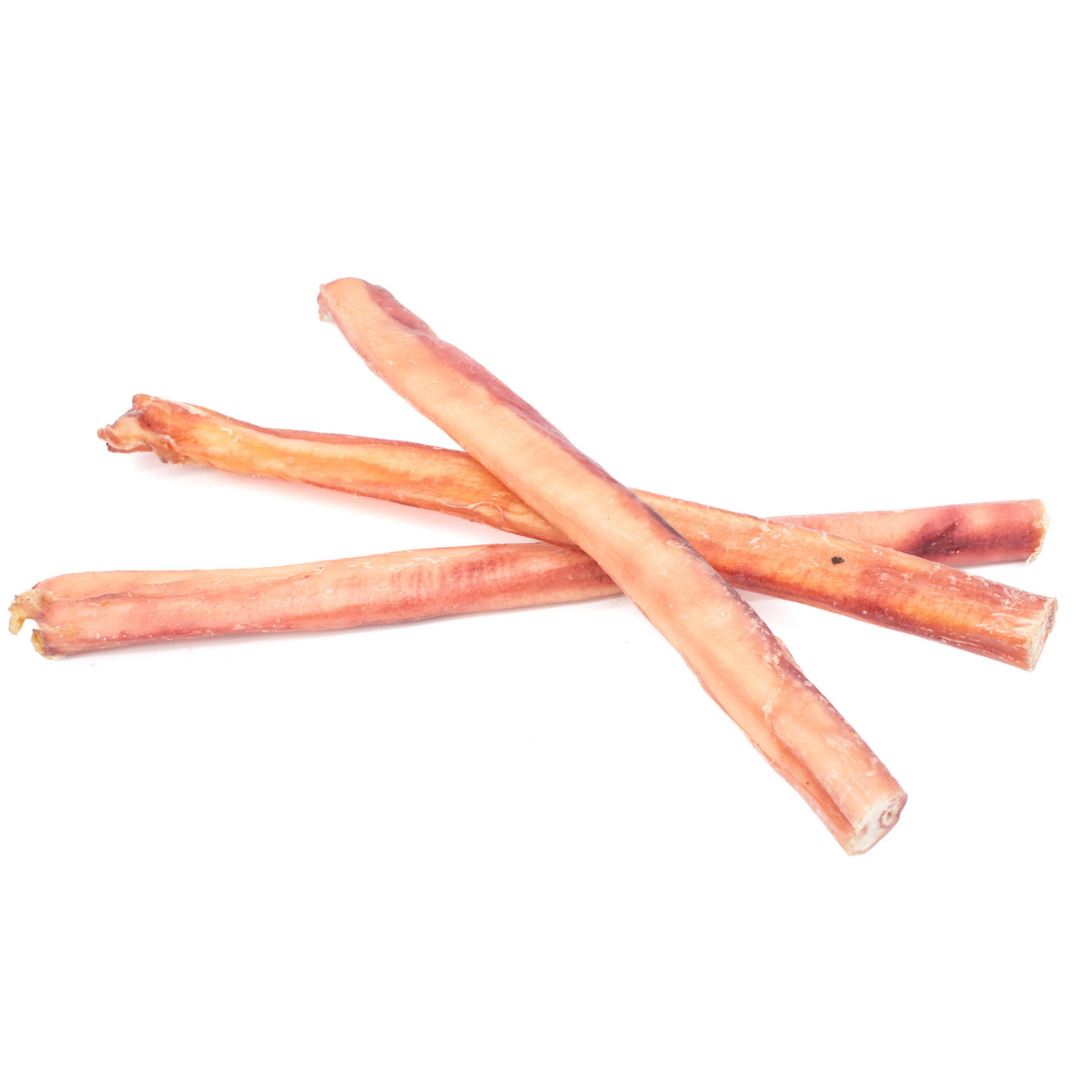 Three 12-inch thick bully stick dog treats from Bully Bunches.