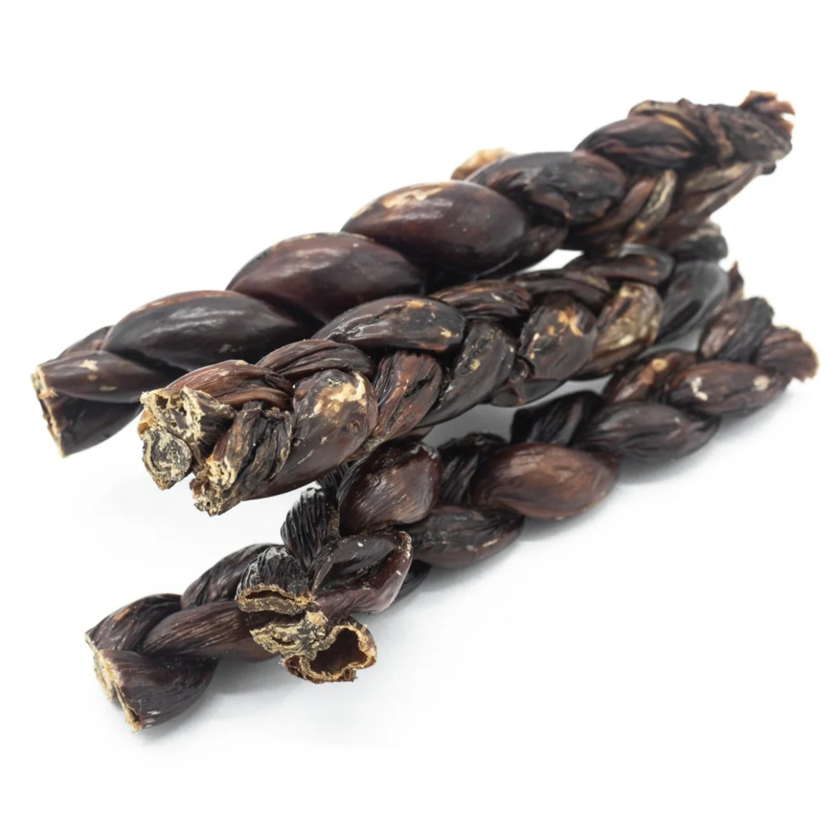 Three 12-inch braided jerky stick dog treats from Bully Bunches.