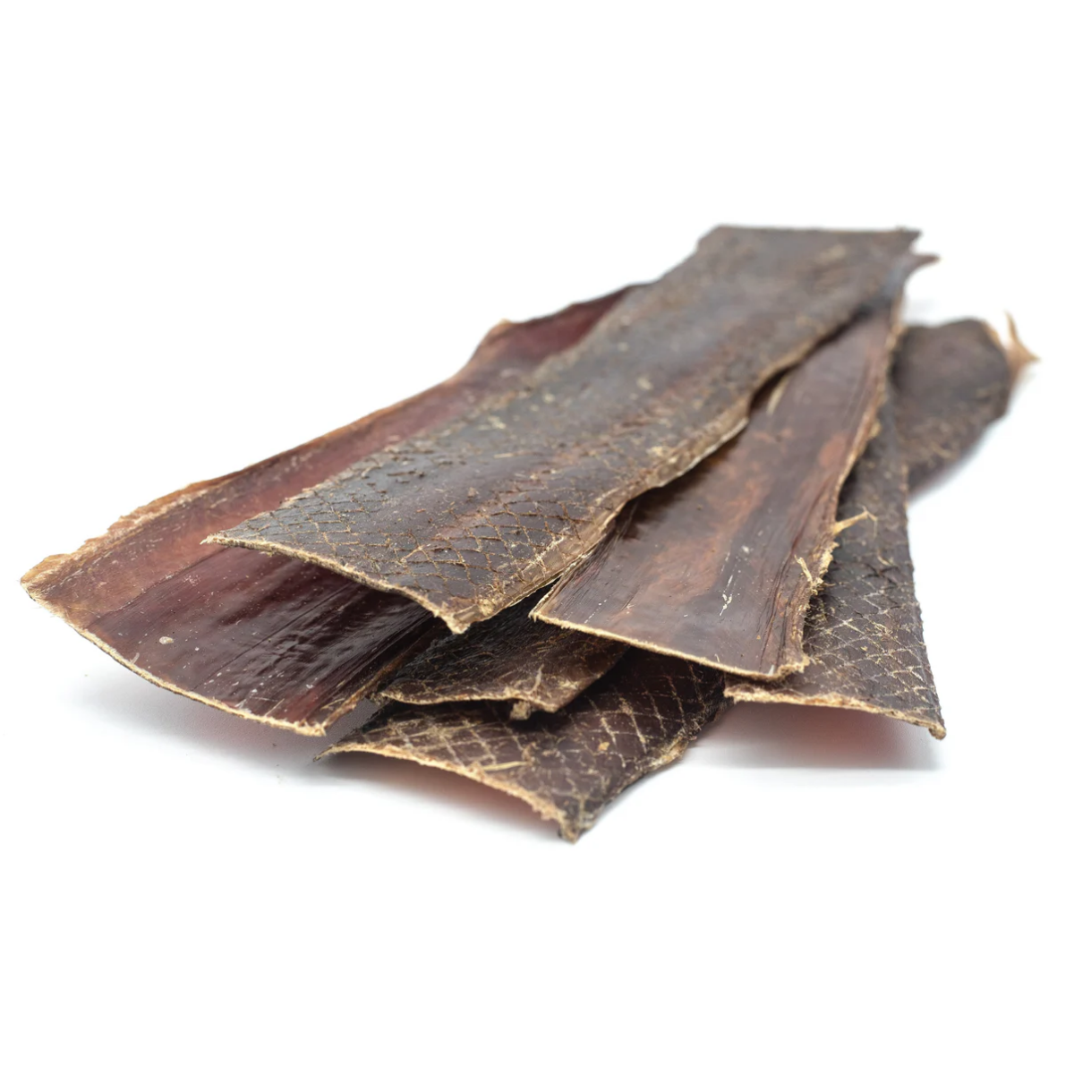 A bunch of 12 beef jerky strip dog treats from Bully Bunches.