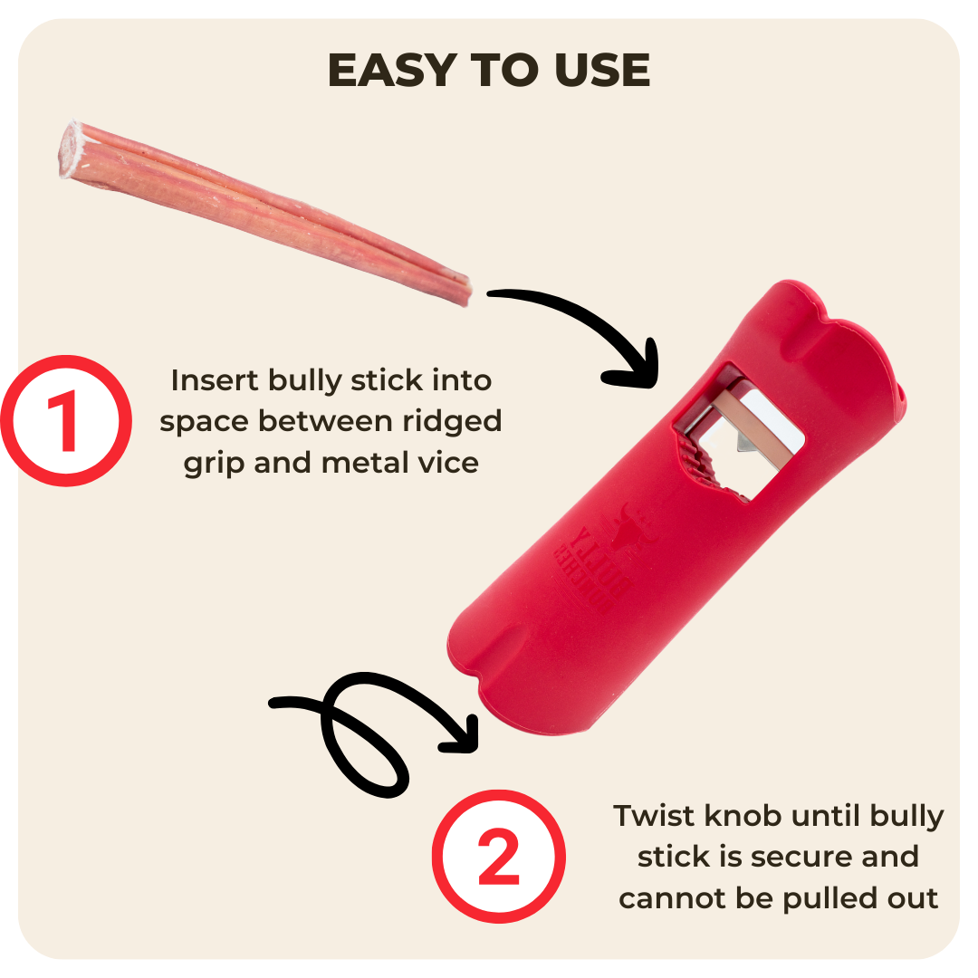 A Bully Bunches dog treat holder with infographic showing how to use it.