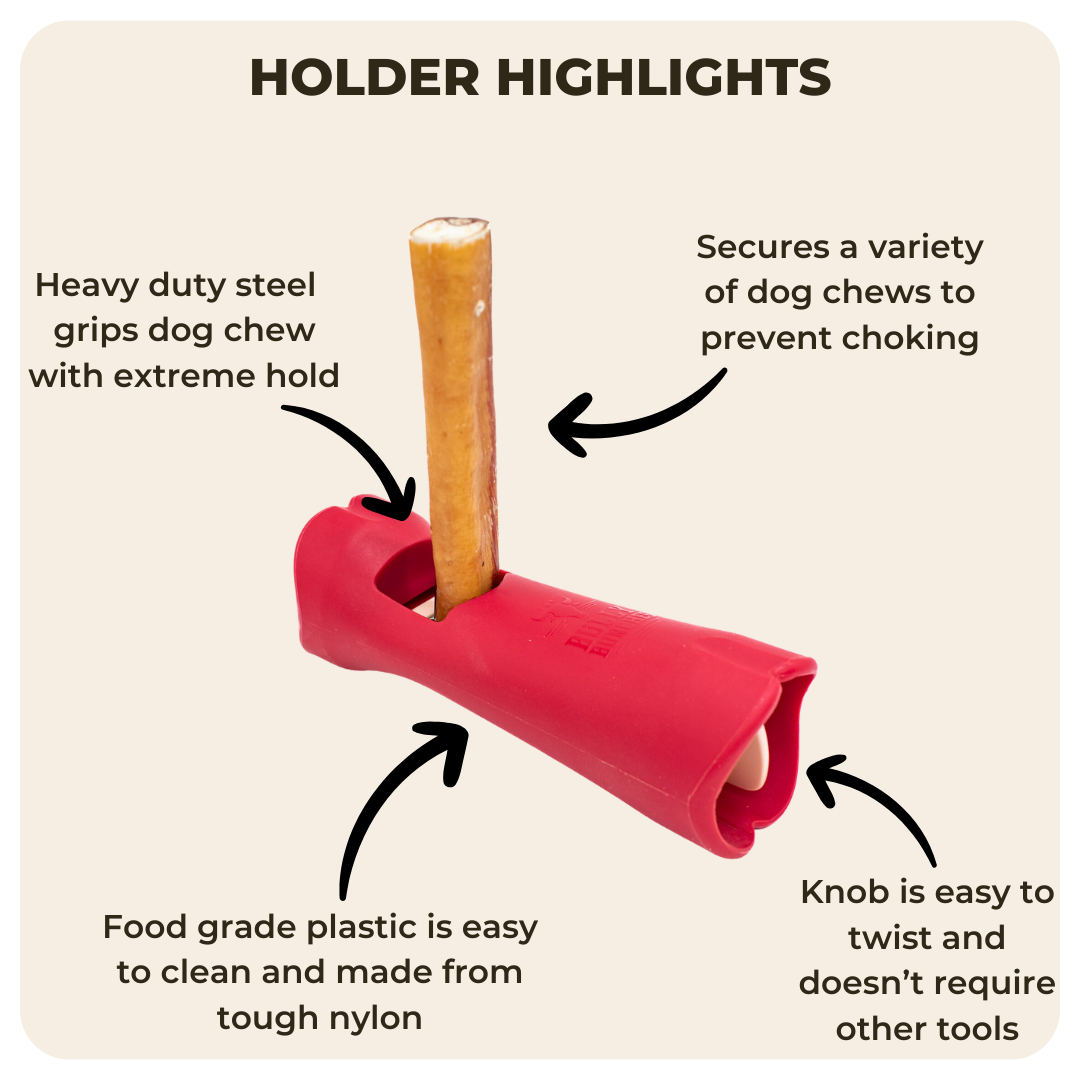 A Bully Bunches dog treat holder with infographic showing how to use it.