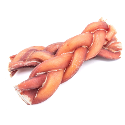 Two 6-inch thick braided bully stick dog treats from Bully Bunches.