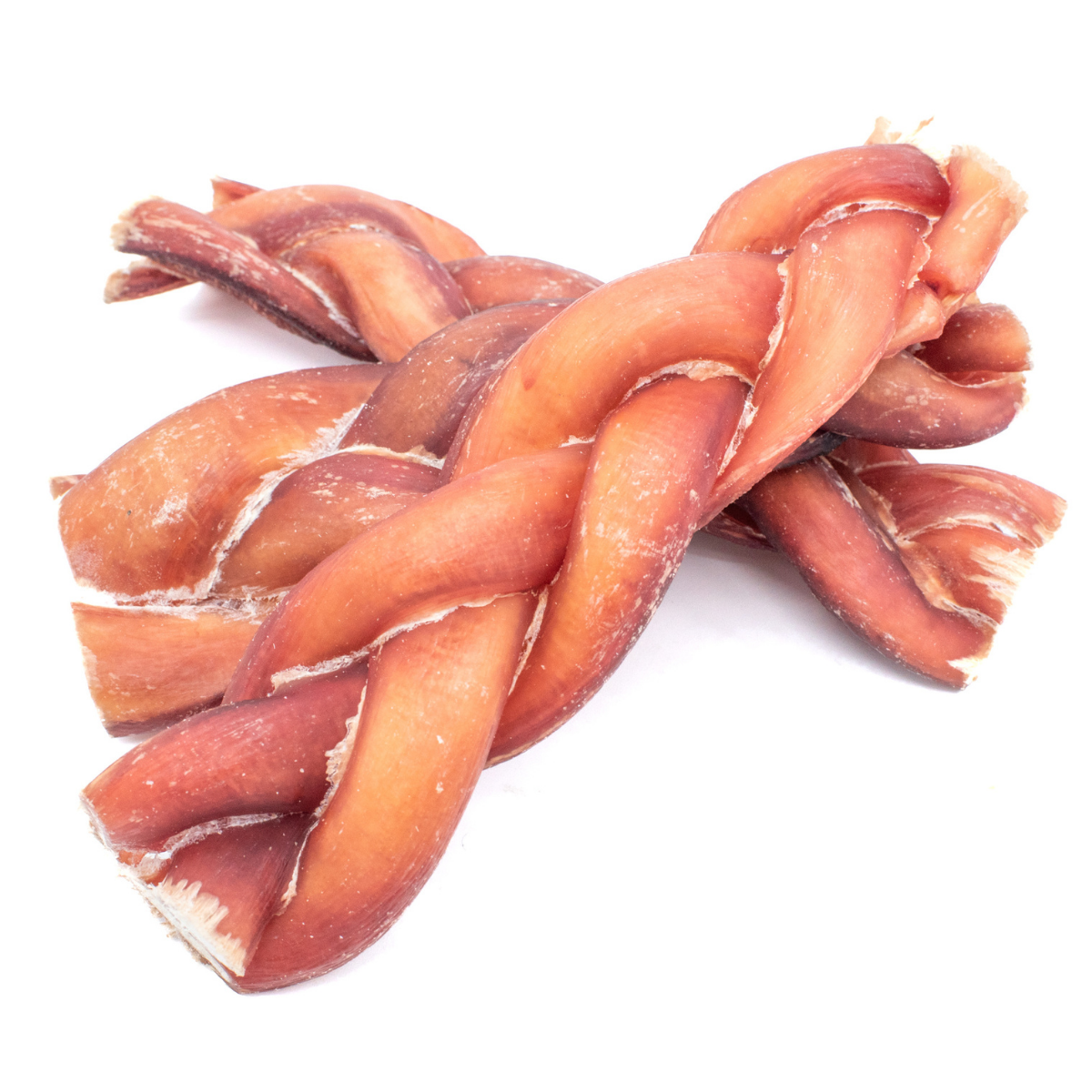 Three 6-inch thick braided bully stick dog treats from Bully Bunches.
