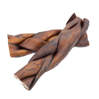 Two 5-6 inch standard braided collagen stick dog treats from Bully Bunches.