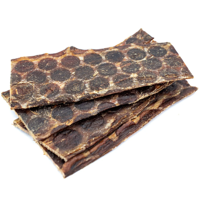 four beef jerky/6-inch beef jerky strip dog treats from Bully Bunches.