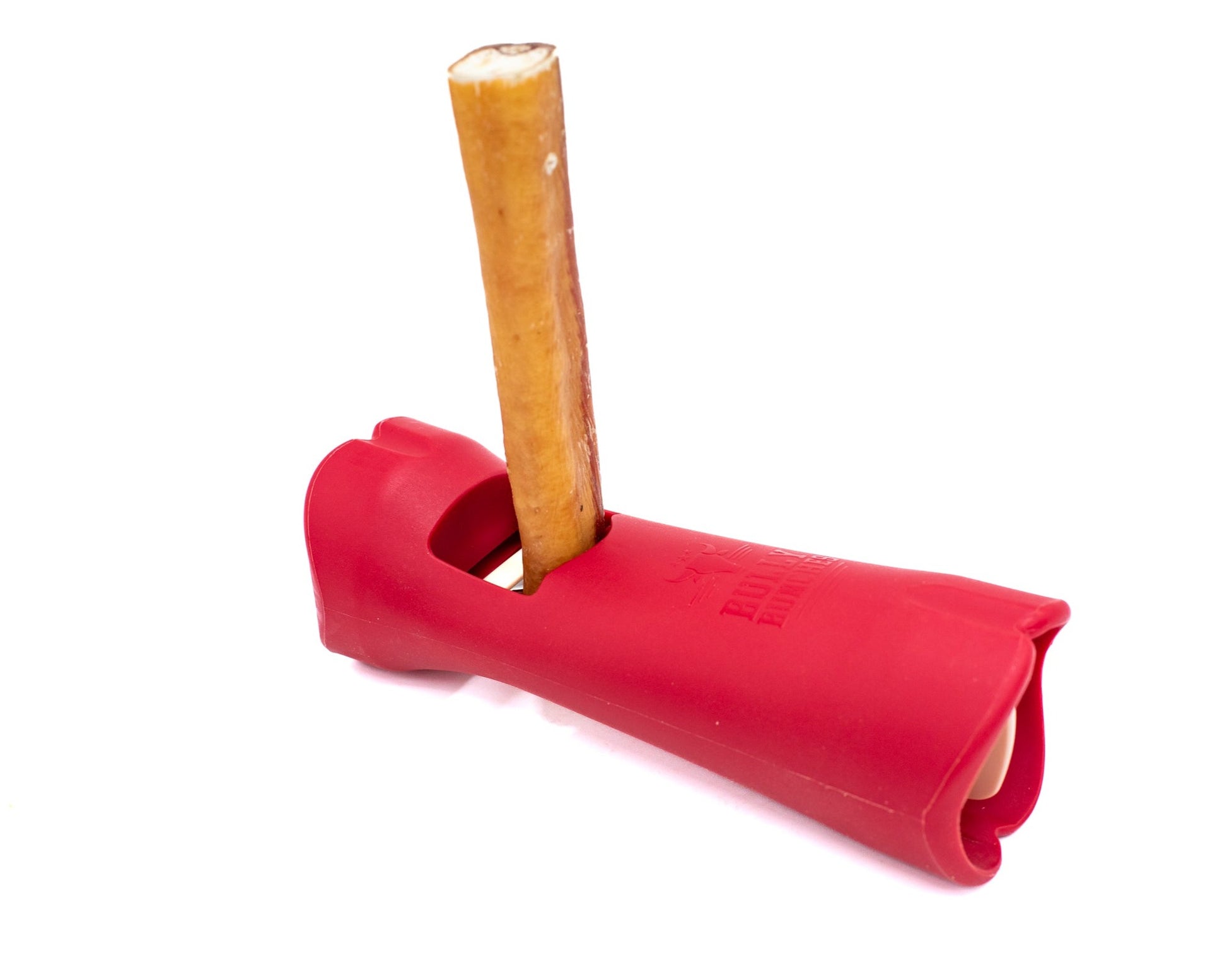 A Bully Bunches dog treat holder with a treat in it.