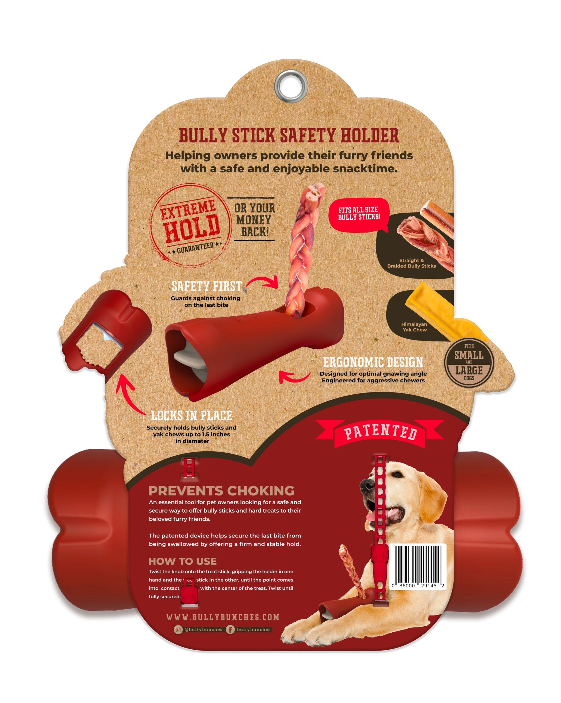 The back side view of a Bully Bunches dog treat holder.