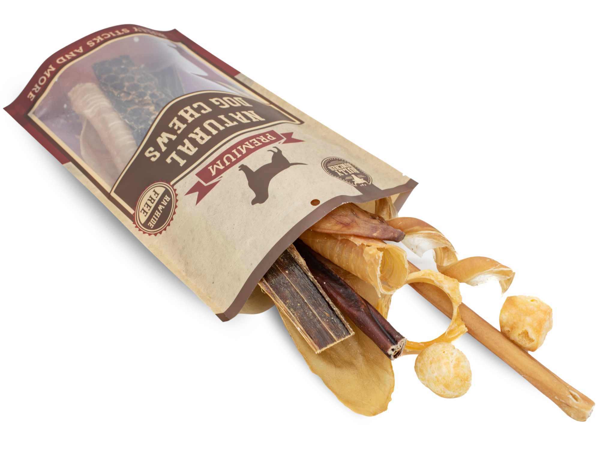 Open bag of Bully Bunches Premium Natural Dog Chews spilling out a variety of treats including sticks, curls, puffs, and strips.