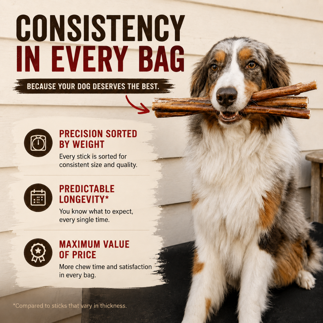 Dog holding sticks with promotional text about stick consistency and quality.