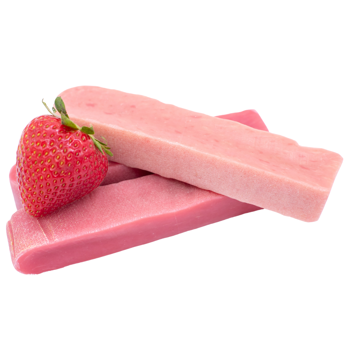 Three medium-sized, pink strawberry-flavoured Himalayan Yak Chews from Bully Bunches displayed alongside a fresh strawberry.