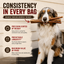 Dog holding sticks with promotional text about stick consistency and quality.
